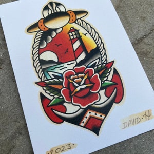 American Traditional A5 Old School Nautical Lighthouse Tattoo Flash Print