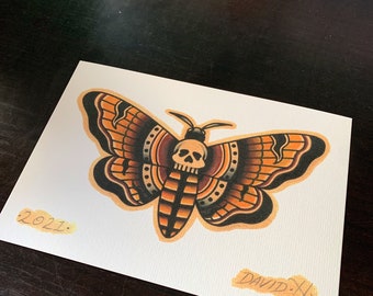 Traditional Death Head Moth Classic A5 Old School Tattoo Flash Print
