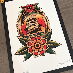 Traditional Ship A4 Old School Tattoo Flash Nautical Print