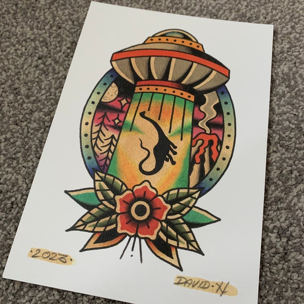 Traditional UFO Alien Dinosaur Old School Tattoo Flash A5 Print