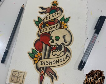 Original Traditional Hand Painted Old School Skull Dagger Tattoo Flash Painting
