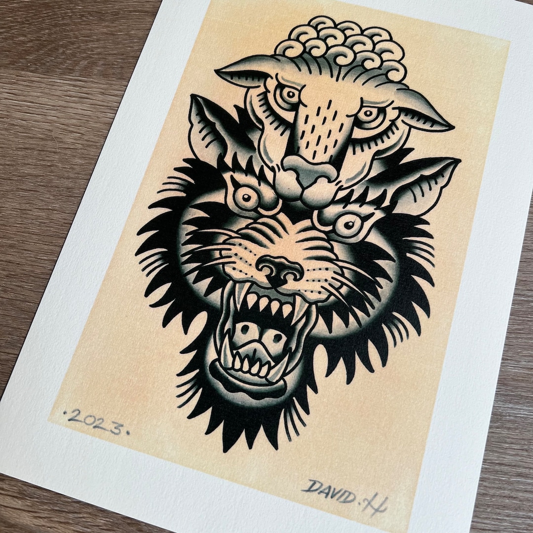 Traditional Wolf in Sheep Clothes Old School A4 Tattoo Flash Art Print ...