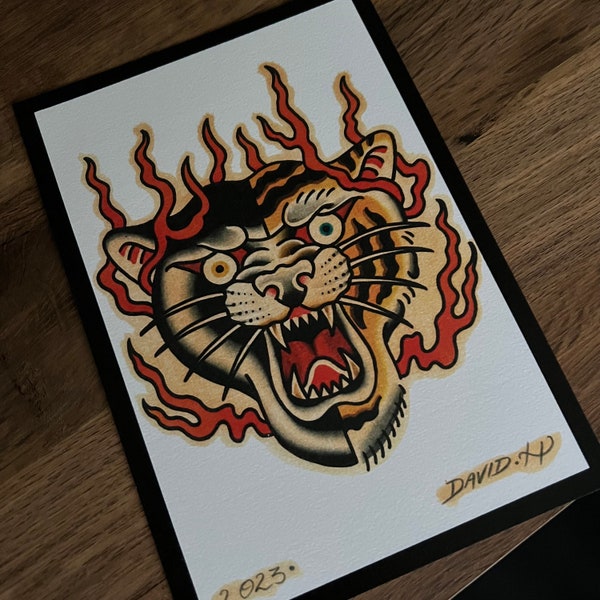 Tiger Panther Kopf Motte Classic A5 Old School Tattoo Flash Print