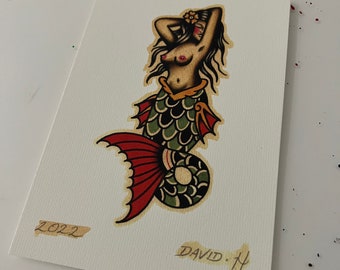American Traditional Mermaid A5 Old School Tattoo Flash Art Print Pinup