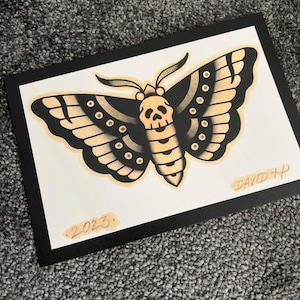 American Traditional A5 Old School Death Head Moth Tattoo Flash Art Print