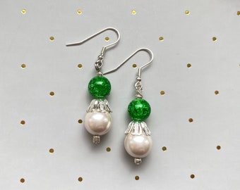 Green Pearl Christmas Earrings | Handmade Holiday Earrings