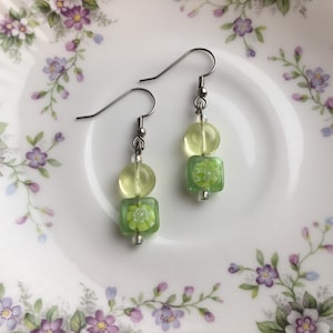 Green Floral Glass Bead Earrings