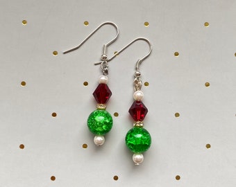 Red and Green Christmas Earrings | Glass Bead Holiday Earrings