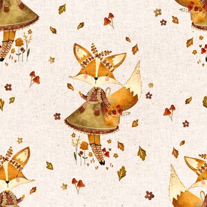 Könnte beinhalten: Ein süßer Cartoon-Fuchs, der ein braunes Kleid und ein rot-weiß kariertes Stirnband trägt. Der Fuchs hält einen Korb mit Pilzen und ist von braunen Blättern und Pilzen umgeben.