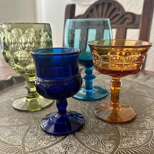 Vintage Mismatched Assorted Glasses Goblets Amber Emerald Wedding Shower Cocktail Party
