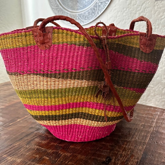 African Market Basket Woven Wicker Bright Colored… - image 3