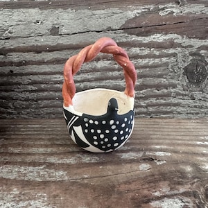 Vintage Acoma Pueblo Pottery Folk Art Handled Basket