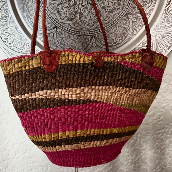 African Market Basket Woven Wicker Bright Colored… - image 7