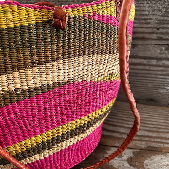 African Market Basket Woven Wicker Bright Colored… - image 1