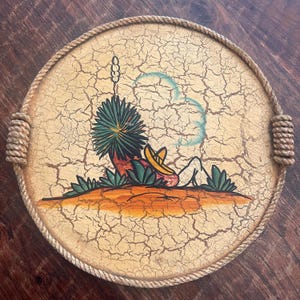 Vintage Mexican Crackled Tray - Handpainted Wood Platter - Wall Decor