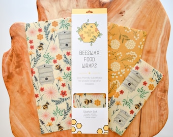 Beeswax Wrap Starter Pack - Reusable Food Wrap - Eco Friendly Gifts - Organic Wax Wraps - Honey Bee Present for Her