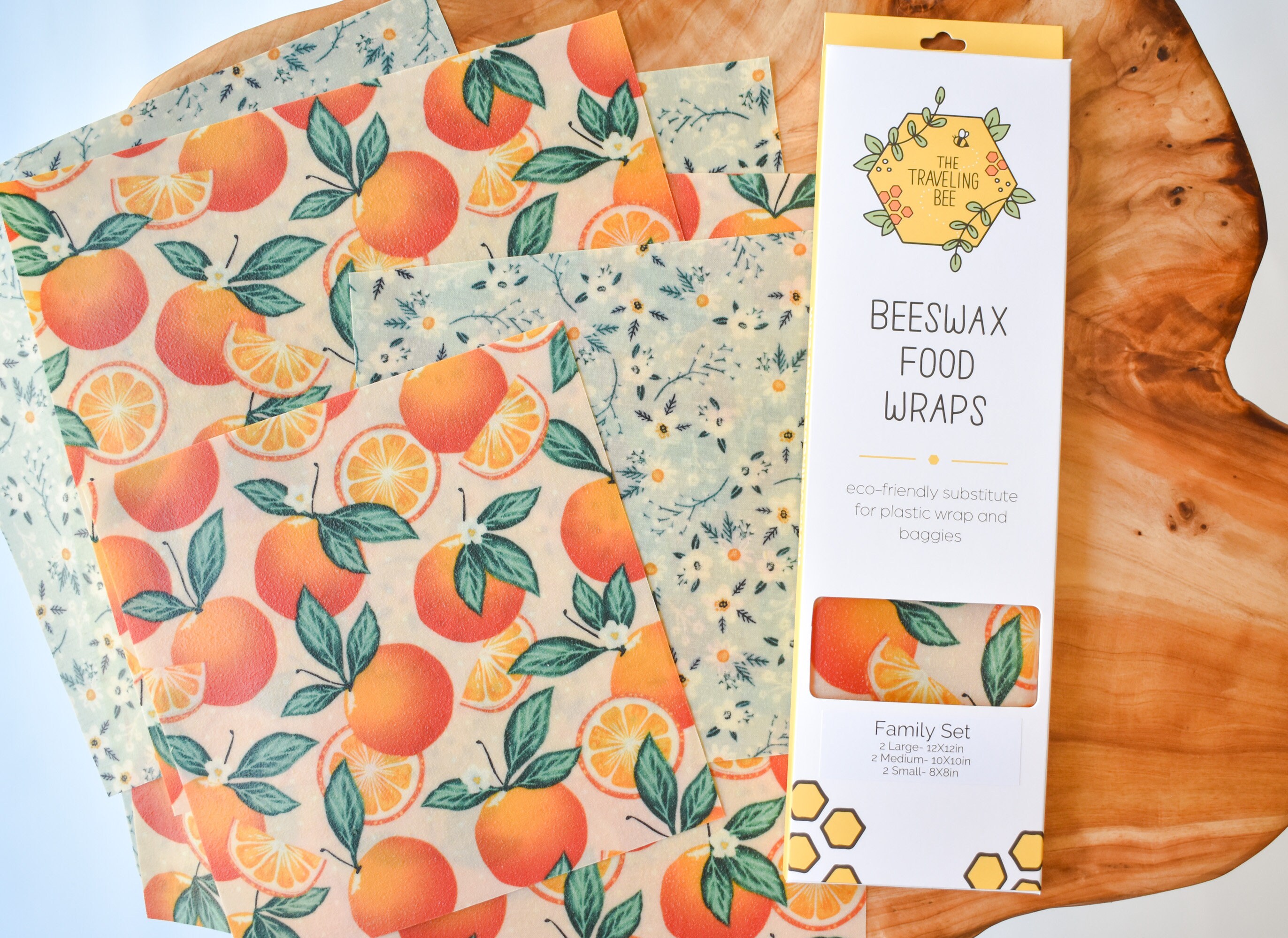 Enveloppements en Cire d'abeille - Ensemble Familial 6Pc Motif Oranges Produit Écologique Réutilisab
