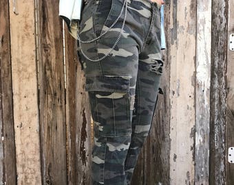 Distressed Camo Jeans with Chains