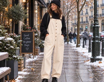 Jardineira feminina folgada em jeans, bege, de algodão, com alças ajustáveis ​​e bolsos.
