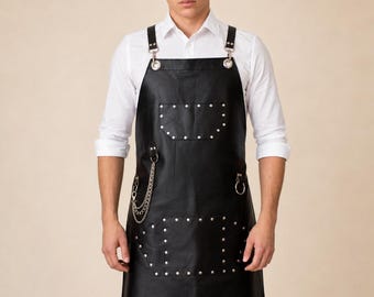 Black Leather Barber Apron, Cross Back Studded Work Apron, Personalized Tattoo Artist Apron, Unisex Hair Stylist Apron, Genuine Leather