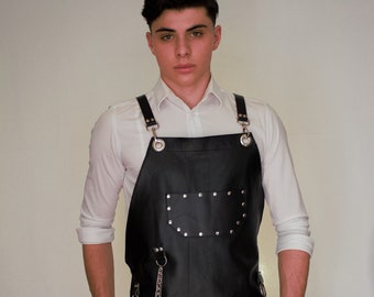 Leather Black Apron Cross Back Straps Pockets & Metal Rock Details  Custom Apron, Barber Apron, Tattoo Artist Apron