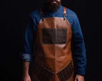 Premium Light Brown Leather Apron with Pockets and Adjustable Cross Back Leather Straps | Custom Apron, Butcher Apron, Cooking Apron