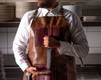 100% Real Genuine Leather Apron in Light Brown | Adjustable Cross Back Leather Straps, Knife Case, Pockets | Butcher Apron, Custom Apron,