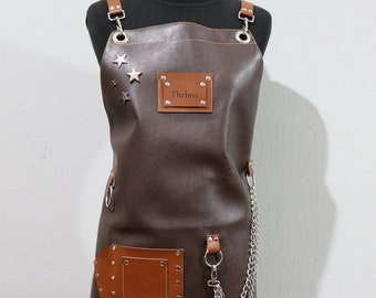 Leather Handmade Apron for man and woman,   with special metal details and leather adjustable straps