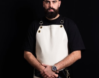 Handcrafted Leather Apron in Black & White with Cross Back Straps, Pocket and Towel Ring | Custom Apron, Barber Apron, Tattoo Artist Apron