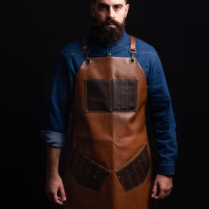 Premium Light Brown Leather Apron with Pockets and Adjustable Cross Back Leather Straps | Custom Apron, Butcher Apron, Cooking Apron