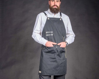 Black Chef Apron: Adjustable Cross Back, Leather Straps & Metal Details