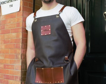 Exclusive Dark Brown Artificial Leather Apron with Cross Back Straps & Functional Pockets | Custom Apron, Barber Apron, Tattoo Artist Apron