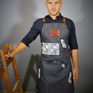 Stonewashed Black Denim Apron with Ripped Details & Retro Tile Pattern | Adjustable Cross Back Straps, Pocket, Towel Ring | Custom Apron