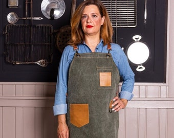 Stylish and Comfortable Green Denim Apron, with Adjustable Leather Cross Back Straps and Functional Pockets | Custom Apron, Kitchen Apron