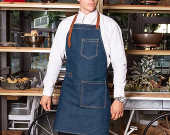 Stylish and Durable Blue Denim Apron, with Adjustable Leather Neck Strap and Functional Pockets | Custom Apron, Cooking Apron