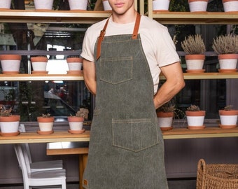 Stylish and Durable Green Denim Apron with Adjustable Leather Neck Strap and Functional Pockets | Custom Apron, Kitchen Apron