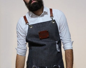 Stylish Stonewashed Black Denim Apron with Cross Back Straps, Pocket, Towel Ring and Ripped Details | Custom Apron, Cooking Apron