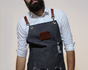 Stonewashed Black Denim Apron: Ripped Details, Leather Cross Back Straps