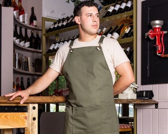 Canvasschort met gekruiste rugbanden en functionele zak | Chef-kok schort, aangepaste schort, kookschort