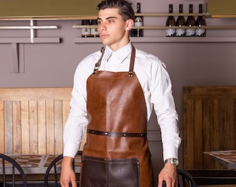 Brown Leather Apron: Exclusive Handcrafted Professional Attire with Adjustable Belt & Neck Strap and Pockets | Custom Apron, Butcher Apron