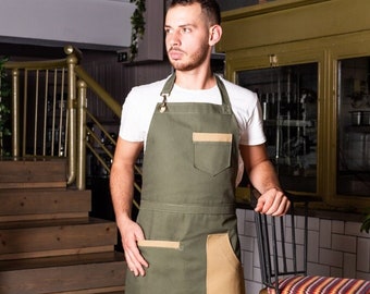 2 Aprons Combined in 1! Beautiful Olive Green Canvas Apron | Adjustable Neck Strap & Three Functional Pockets | Custom Apron, Kitchen Apron