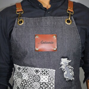 Custom Apron Kids Apron Matching Aprons Gray Stonewashed Denim Apron Cross Back Straps Decorative Retro Tile Pattern Fabric image 3