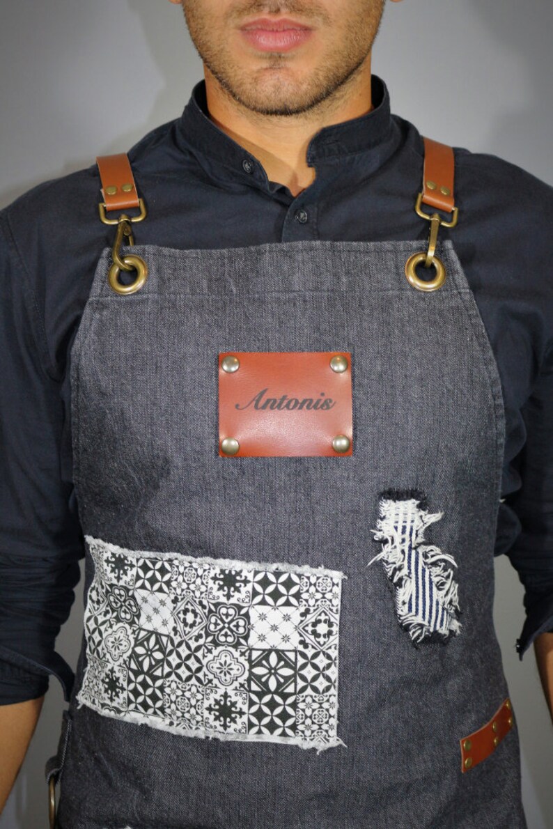 Custom Apron Kids Apron Matching Aprons Gray Stonewashed Denim Apron Cross Back Straps Decorative Retro Tile Pattern Fabric image 3