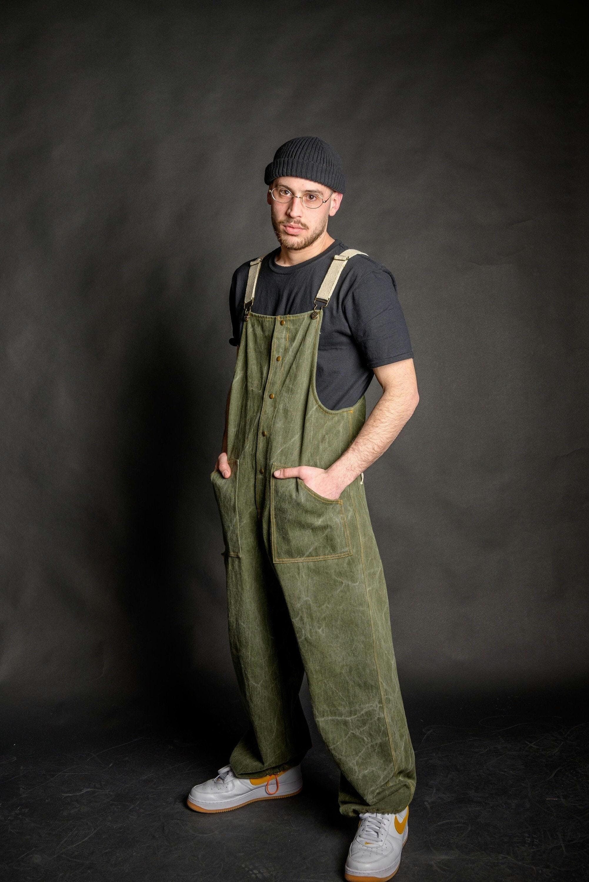 Brooklyn Street Style Salopette Calças largas verdes resistentes, estilo urbano, roupas de trabalho unissex artesanais, Salopette Streetwear