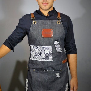 Custom Apron Kids Apron Matching Aprons Gray Stonewashed Denim Apron Cross Back Straps Decorative Retro Tile Pattern Fabric image 2