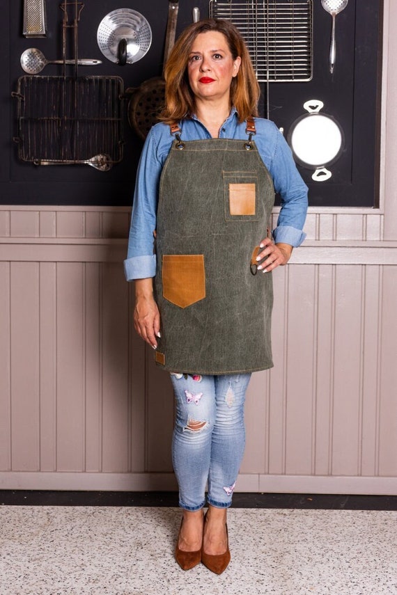 Apron PINAFORE,Cross-back straps apron, Denim apron, Apron with brown