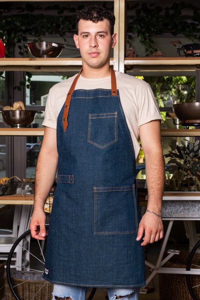 Blue Denim Apron: Adjustable Leather Strap, Functional Pockets - Etsy