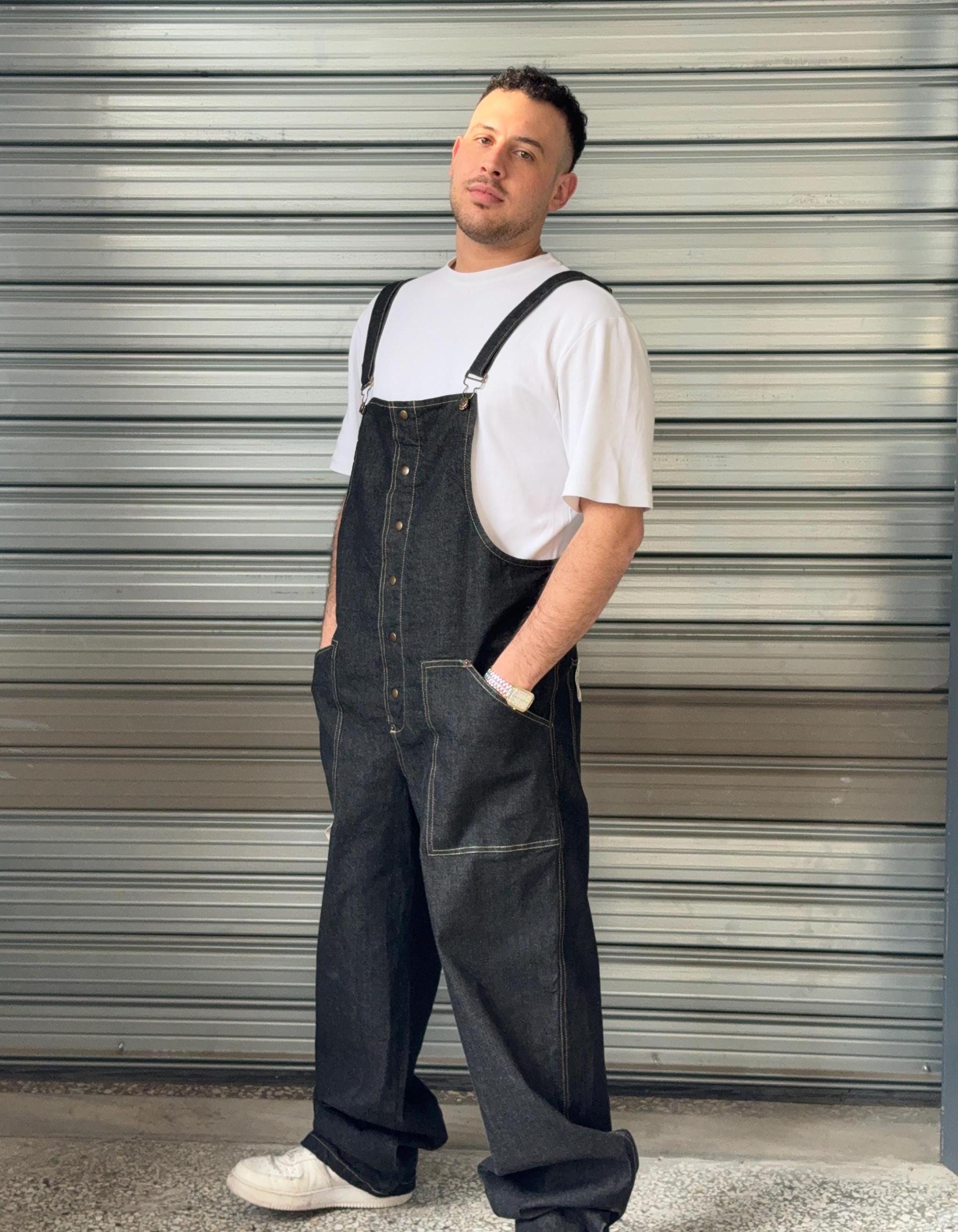 Gray Denim Bib Overall Pants Baggy Dungarees Street Style Workwear 