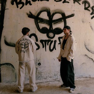 May include: Two individuals wearing beige button-down shirts and matching beige trousers, with one shirt featuring a graphic print on the back that reads "BLUEBERRY STUFF" above a stylised circular icon. The other individual wears black trousers.