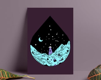 Alien Abduction Nature Art Print, Alien Landscape Illustration, Wall Decor UFO